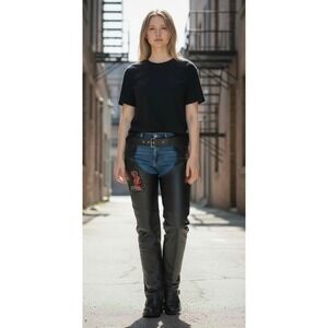 Chaps Genuine Leather Motorcycle‎ Black Devil Patch Fur Tail XS Biker Moto Pants